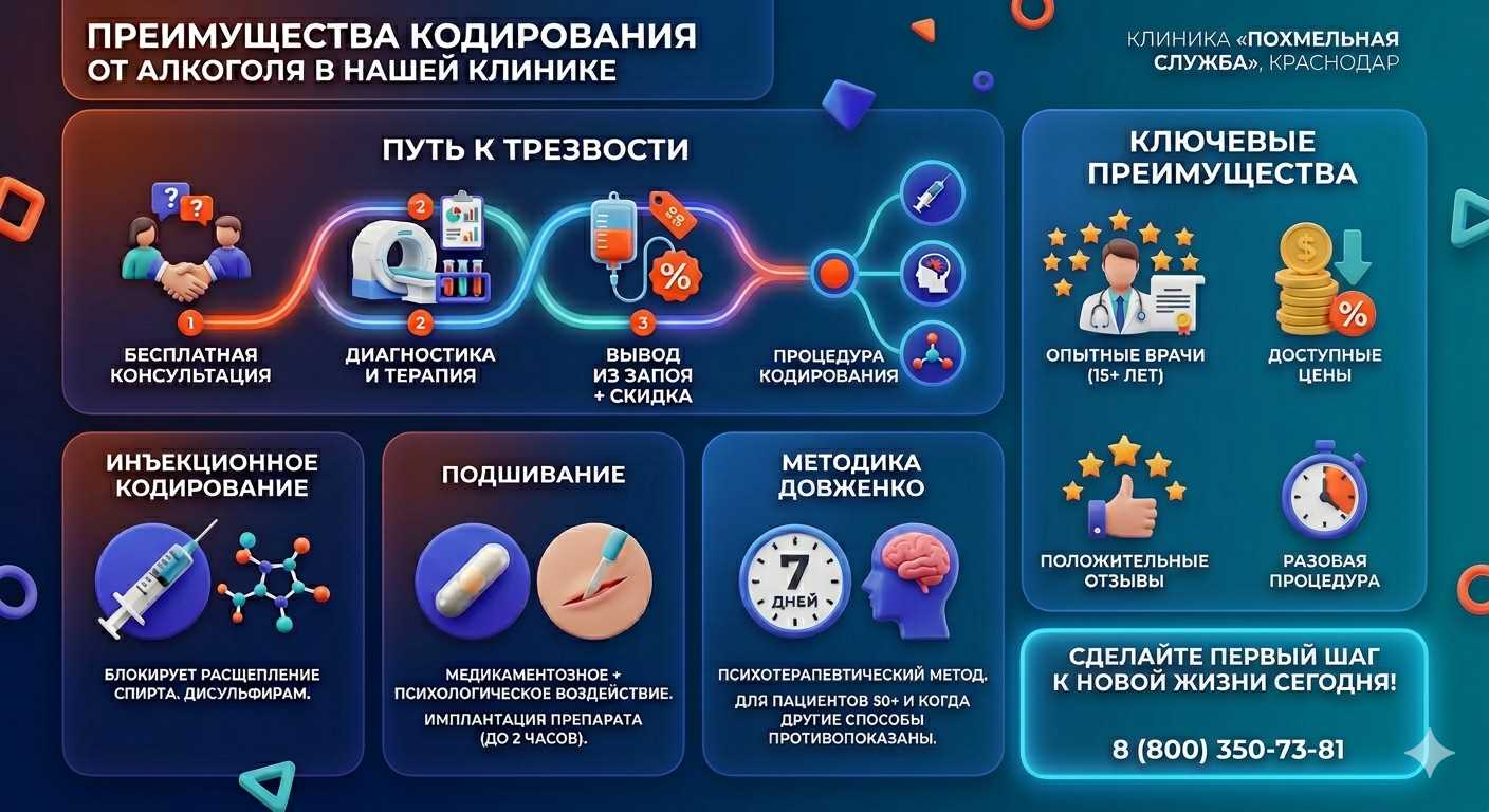 Инфографика о методах кодирования от алкоголя в городе Урай: инъекции, подшивание, метод Довженко. Преимущества клиники и этапы лечения.